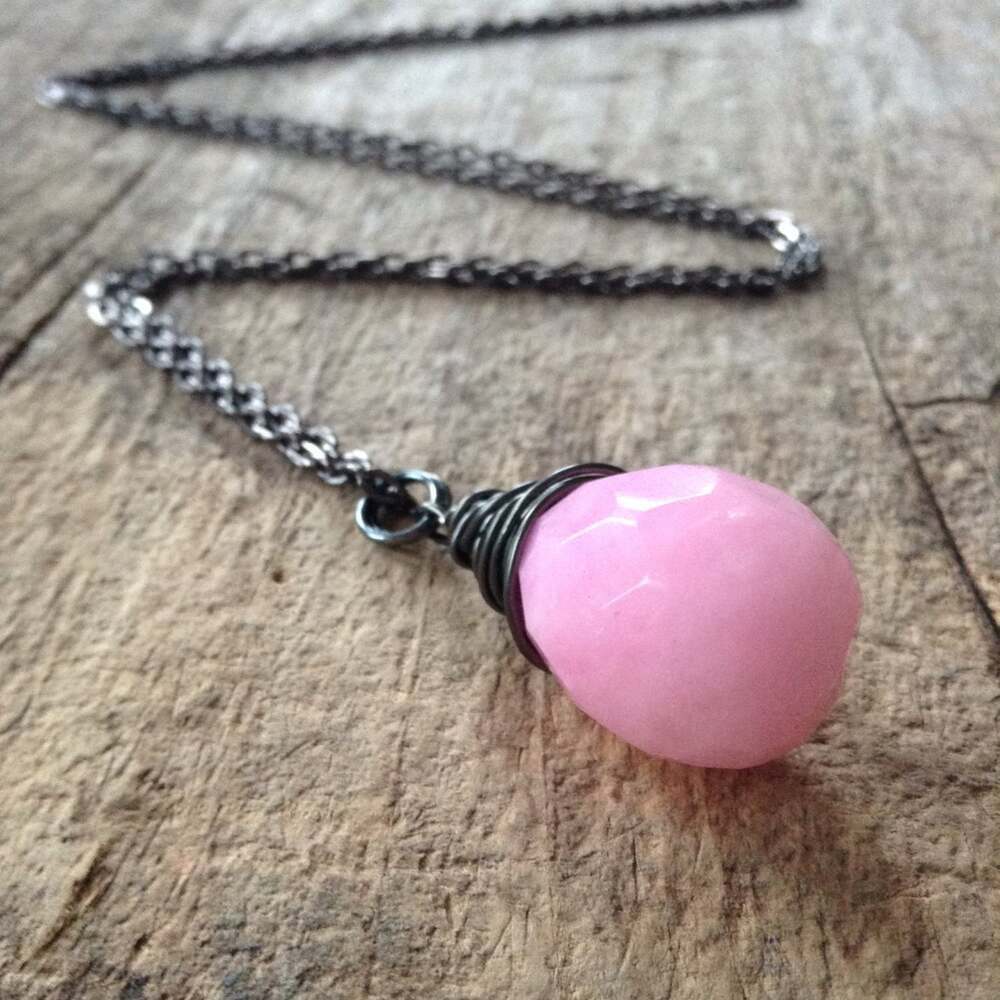 Pink Rose Quartz Birthstone Necklace Wire Wrapped Faceted Glass Teardrop Charm